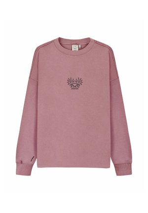 Bluza z długim rękawem w kolorze mauve z małym ciemnym abstrakcyjnym wzorem na piersi i małym falistym detalem na lewym mankiecie.