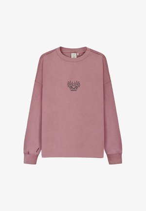 Bluza z długim rękawem w kolorze mauve z małym ciemnym abstrakcyjnym wzorem na piersi i małym falistym detalem na lewym mankiecie.