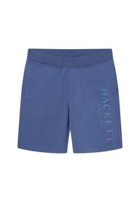 Shorts en coton bleu avec une taille élastique, deux poches latérales et "HACKETT LONDON" imprimé verticalement dans une teinte de bleu plus claire.