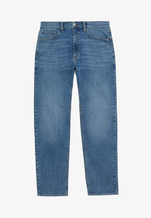 Light blue denim jeans with a straight fit. Features include five pockets, belt loops, and a front button closure with a zip fly.