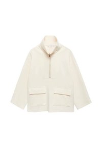 Pull en crème surdimensionné avec un col haut, fermeture demi-zip et deux poches plaquées à l'avant. Tissu doux et texturé avec une coupe décontractée.