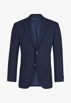 Navyblauer Blazer aus glattem Stoff, mit einer zweiknöpfigen Front, eingekerbten Revers und einem gemusterten Innenfutter. Enthält eine Brusttasche und zwei Fronttaschen.