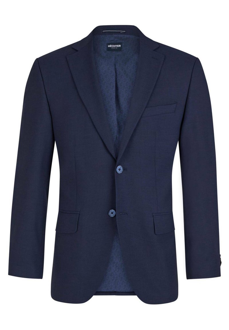 Navyblauer Blazer aus glattem Stoff, mit einer zweiknöpfigen Front, eingekerbten Revers und einem gemusterten Innenfutter. Enthält eine Brusttasche und zwei Fronttaschen.
