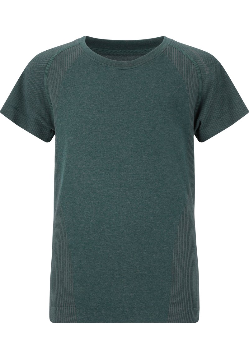 Dunkelgrünes T-Shirt mit kurzen Ärmeln aus glattem, leichtem Stoff. Verfügt über strukturierte Einsätze an den Schultern in einem dezenten Streifenmuster.