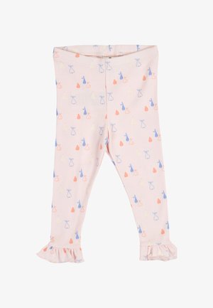 Hellrosa Leggings für Kleinkinder mit kleinen Birnenmustern in Blau, Orange und Creme sowie Rüschen an den Knöcheln.