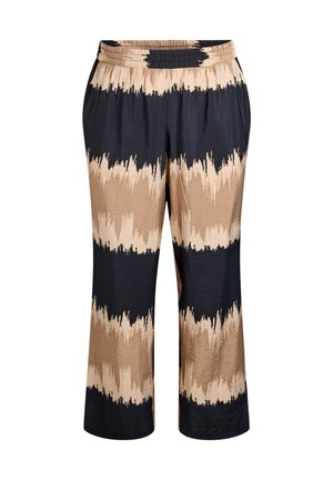 Ľahké, skrátené nohavice s čierno-hnedým abstraktným vzorom. Majú elastický pás a voľný strih. Hladká, mierne textúrovaná tkanina.