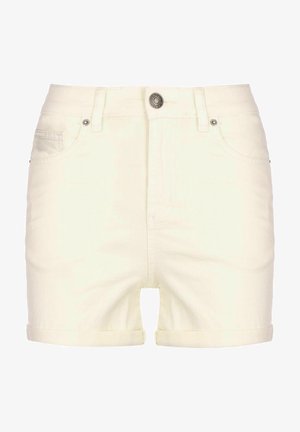 Valkoiset farkkushortsit, joissa on käännetyt helmat, etu-nappisuljenta ja kaksi sivutaskua. Sileä pinta ja klassinen muotoilu.