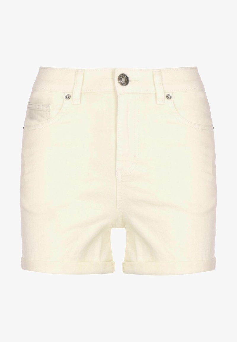Bílé džínové šortky s ohrnutými lemy, vybavené předním zapínáním na knoflík a dvěma bočními kapsami. Hladká textura a klasický design.