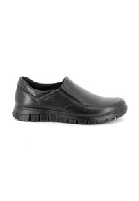 Scarpa slip-on in pelle nera con punta arrotondata, finitura liscia, suola imbottita e suola in gomma testurizzata con scanalature per una migliore aderenza.