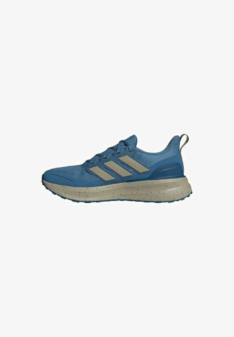 Chaussure de course bleue avec semelle beige et trois bandes beige sur le côté, équipée d'une fermeture à lacets et d'une languette au talon.