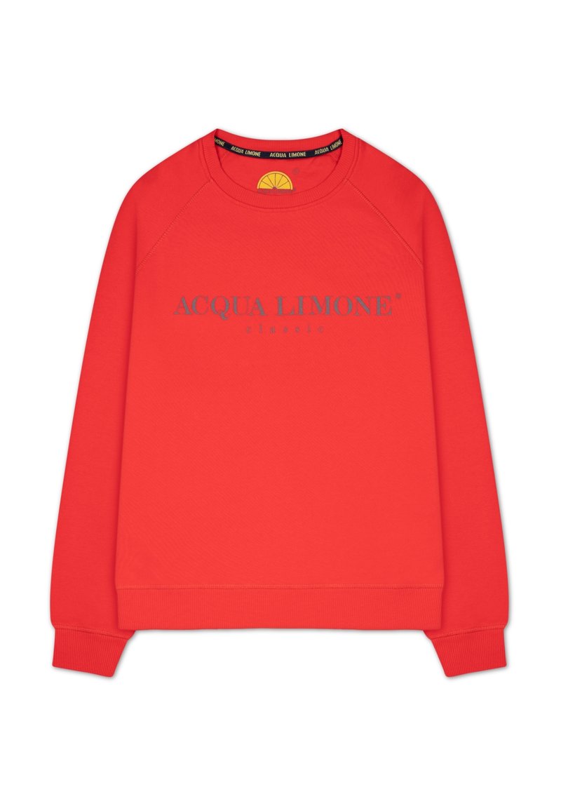 Röd sweatshirts i mjukt tyg, har rund hals, långa ärmar och "ACQUA LIMONE classic" logotyp i kontrasterande grå.
