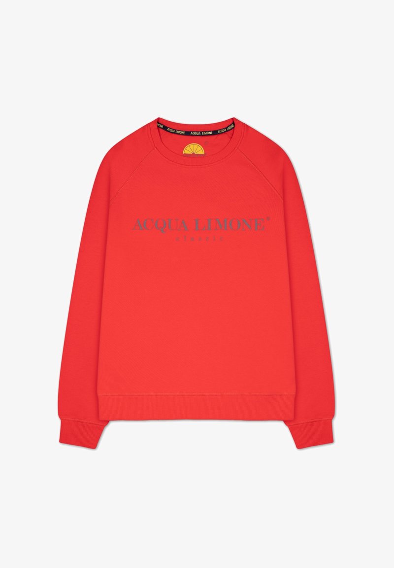 Röd sweatshirts i mjukt tyg, har rund hals, långa ärmar och "ACQUA LIMONE classic" logotyp i kontrasterande grå.