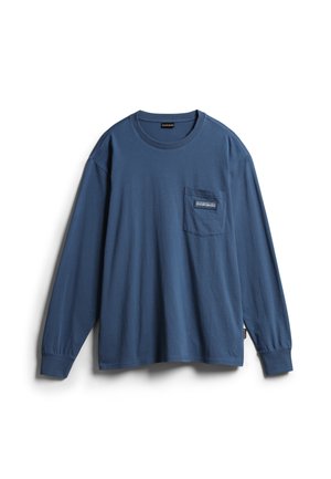 Long-sleeve crew neck blue shirt with chest pocket featuring a small rectangular logo patch, ribbed cuffs, and a small side tag.