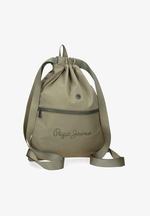 Zaino beige con coulisse, spallacci regolabili, tasca frontale con cerniera e logo "Pepe Jeans" stampato sulla parte anteriore inferiore.