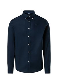 Camicia a maniche lunghe navy in cotone morbido, con colletto button-down, caratterizzata da bottoni bianchi e un piccolo logo ricamato sul petto.