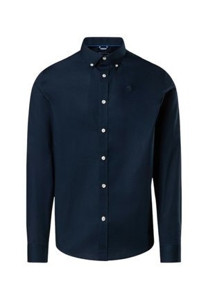 Camicia a maniche lunghe navy in cotone morbido, con colletto button-down, caratterizzata da bottoni bianchi e un piccolo logo ricamato sul petto.