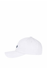 White baseball cap with a curved brim, featuring a navy blue embroidered logo on the front. Cotton material and adjustable strap at the back.
