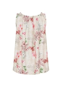 Blomster udenærmet top i let stof; har en cremet bund med pink og grønne blomster mønstre; elastisk halsudskæring; løs pasform.