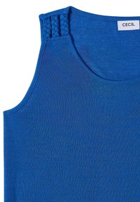 Haut bleu sans manches avec bretelles tressées sur l'épaule et étiquette de marque "CECIL" à l'intérieur de l'encolure.