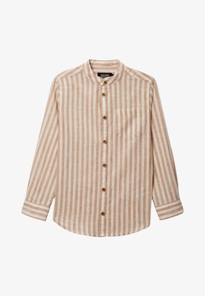 Chemise à manches longues avec rayures verticales beige et blanches, col mao, boutons en bois et une poche poitrine, étalée à plat sur un fond blanc.