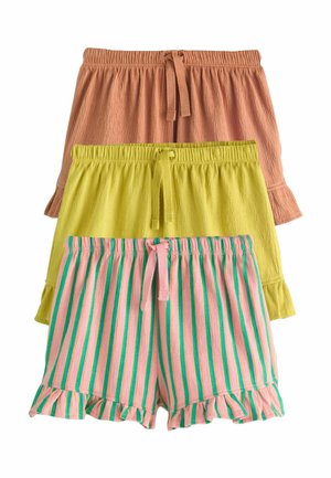 Három pár lány rövidnadrág elasztikus derékrésszel, húzózsinórokkal és fodros szegéllyel, egyszínű rozsda, egyszínű sárga, valamint rózsaszín zöld csíkokkal.