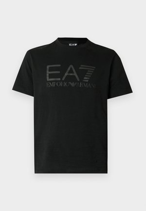 Black short-sleeve t-shirt made of cotton, featuring embossed EA7 and Emporio Armani logos on the front, crew neckline, and standard fit.