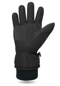 Schwarze isolierte Handschuhe mit strukturiertem Griffbereich, elastischem Handgelenk und gestricktem Bündchen für einen sicheren Sitz. Verfügt über glattes Material und warme Innenauskleidung.