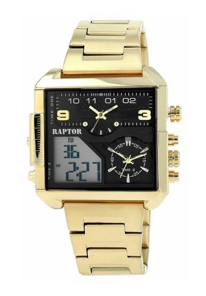 Gold-tone metal watch with a square face, black dial, analog and digital displays, and three sub-dials for multiple time zones.