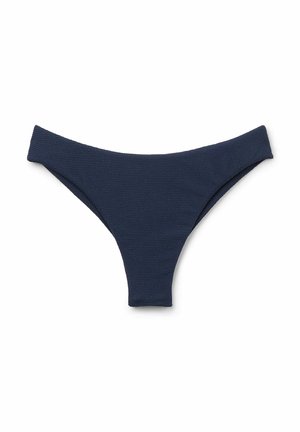 Bas de bikini bleu marine en tissu texturé, présentant une taille basse et des bords sans coutures pour un design minimaliste.