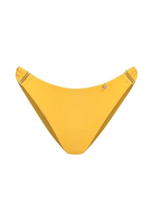 Slip bikini giallo con cinturini laterali arricciati regolabili e un piccolo pendente metallico sul lato anteriore destro su sfondo bianco.