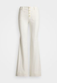 Witte uitlopende jeans met een hoge taille, vijf-knopen sluiting en twee voorzakken. Gladde textuur met afgewerkte zomen.