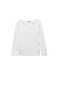 Witte katoenen blouse met lange mouwen, ronde hals en een zachte textuur, voorzien van een geribbelde structuur en eenvoudige stiksel-details.