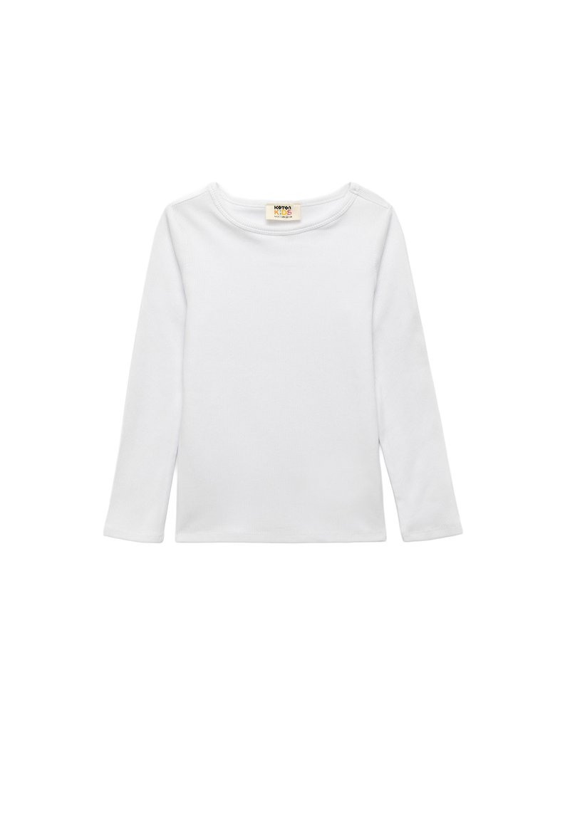 Witte katoenen blouse met lange mouwen, ronde hals en een zachte textuur, voorzien van een geribbelde structuur en eenvoudige stiksel-details.