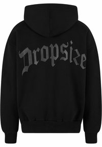 Schwarzer Hoodie mit großem, erhabenem silbernem Aufdruck "Dropsize" auf der Rückseite, geräumiger Kapuze und gerippten Bündchen und Saum. Weicher Stoff.