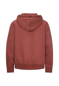 Rdzawobrązowy sweatshirt z kapturem o miękkiej teksturze, z prążkowanymi mankietami i dołem. Projekt charakteryzuje się luźnym krojem oraz dyskretnym logo na szwie kaptura.