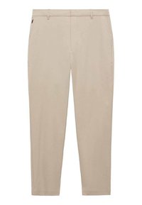 Light beige trousers with a slim fit, made from a smooth fabric. Features two front pockets and a minimalist design without patterns.