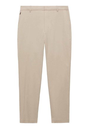 Light beige trousers with a slim fit, made from a smooth fabric. Features two front pockets and a minimalist design without patterns.