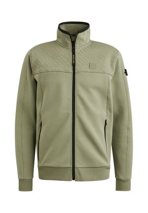 Men’s olive green zip-up jacket with quilted shoulder panels, high collar, ribbed cuffs and hem, and zippered side pockets.
