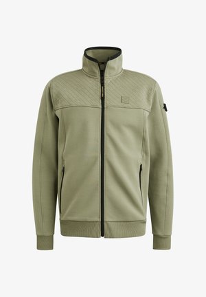Veste zippée verte olive pour homme avec des panneaux d'épaule matelassés, un col haut, des poignets et un ourlet côtelés, ainsi que des poches latérales zippées.