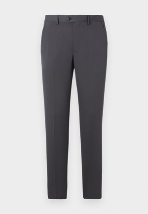 Graue Hose aus glattem Stoff mit geradem Schnitt, Knopfverschluss, Gürtelschlaufen und Seitentaschen. Schlichtes und funktionales Design.
