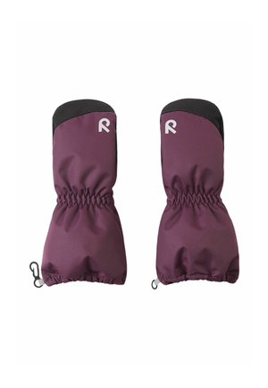 Lila Handschuhe mit schwarzen Akzenten, elastischen Bündchen und einem Logo auf der Vorderseite. Glattes, wasserabweisendes Material mit einer gepolsterten Gestaltung.