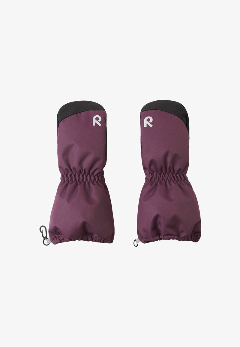 Purple mittens with black accents, elastic cuffs, and a logo on the front. Smooth, water-resistant fabric with a padded design.