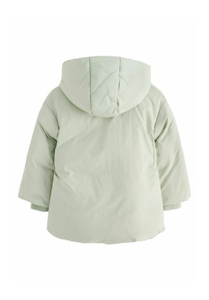 Gepolsterte Parka in sanftem Lindgrün, mit Kapuze, kurzen Ärmeln und einem matten Finish sowie einem klaren, schlichten Design.