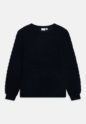 Pull en maille noir à manches longues avec col rond, motif texturé et poignets et ourlet côtelés, posé à plat sur un fond blanc.