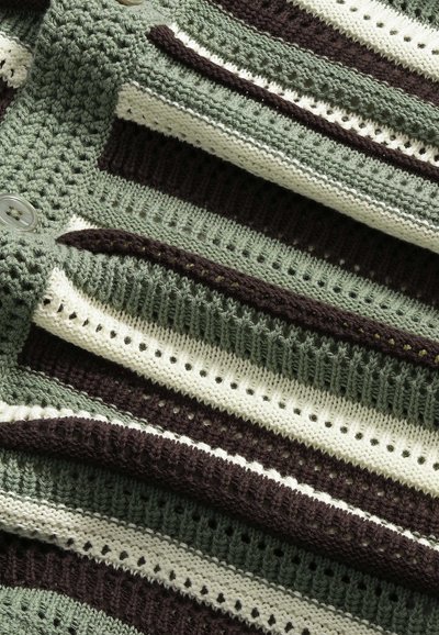 Primo piano di tessuto lavorato a maglia con strisce orizzontali testurate in tonalità di verde, marrone e crema, con occhielli e bottoni.
