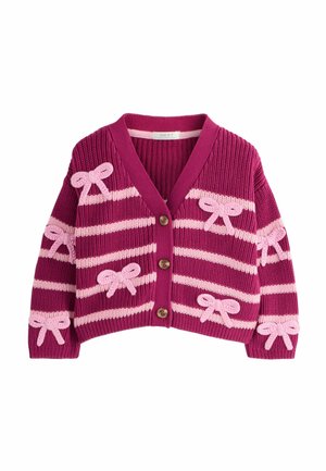 Lila gestrickte Strickjacke mit rosa Streifen und Schleifen. Hat einen V-Ausschnitt, eine Knopfverschluss und strukturierte Stoff.