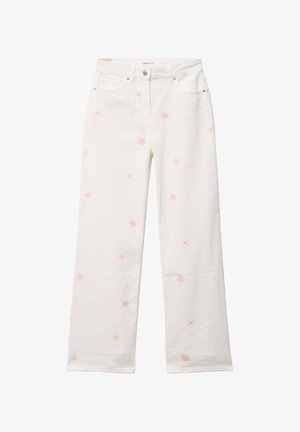 Pantalones blancos de pierna recta con pequeños estampados de flores rosas y amarillas, bolsillos delanteros, presillas para cinturón y cierre con botón.