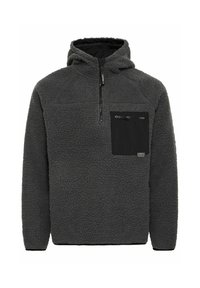 Grijze fleece pullover met een half-zip aan de voorkant. Voorzien van een met rits afsluitbare borstzak, capuchon en een gestructureerd oppervlak. Zwarte accenten op de zak.
