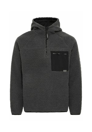 Gray fleece pullover with a half-zip front. Features a zippered chest pocket, hood, and textured surface. Black accents on pocket.
