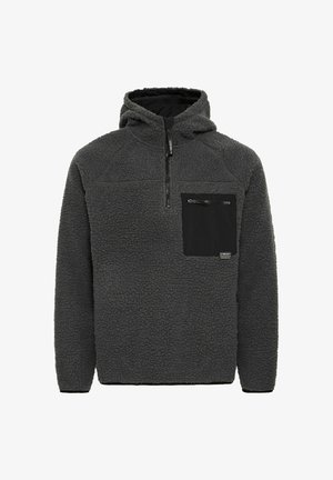 Gray fleece pullover with a half-zip front. Features a zippered chest pocket, hood, and textured surface. Black accents on pocket.